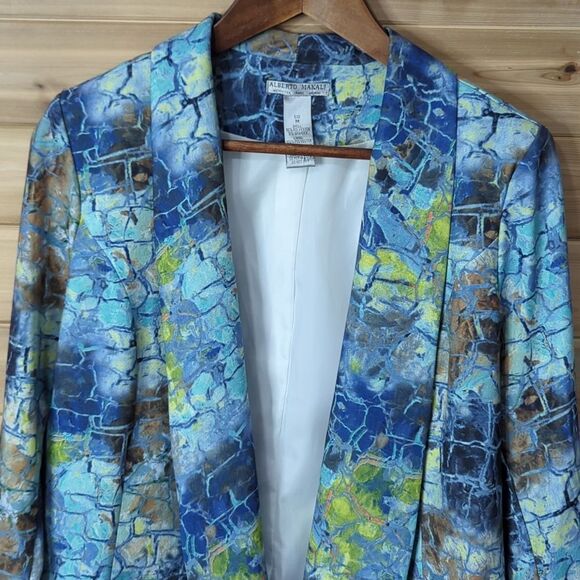 Alberto Makali Jacket Womens Medium Blue Patterned Blazer Open Front Art - Picture 2 of 9